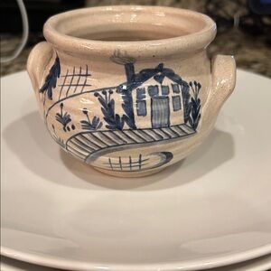 Vintage 1985 Mahon Made Small Stoneware Planter Pot w/Blue Hand Painted Design